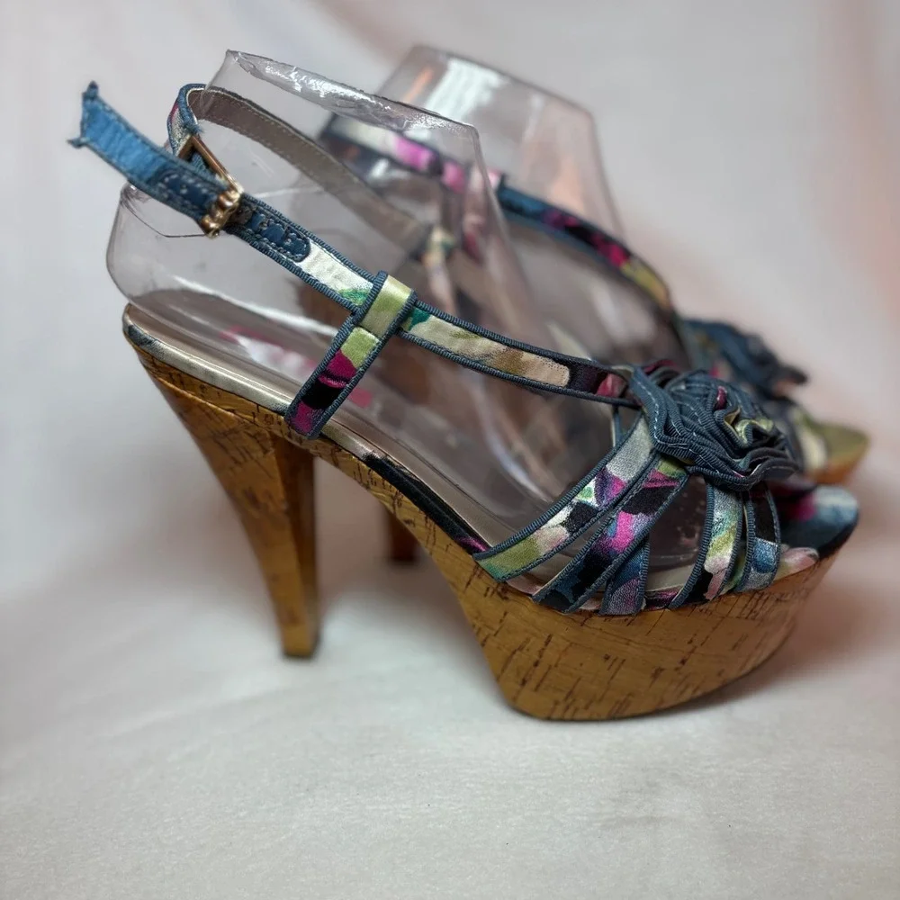Betsey Johnson Floral Rose Cork Platform Sandals Multi Color Leopard Sole